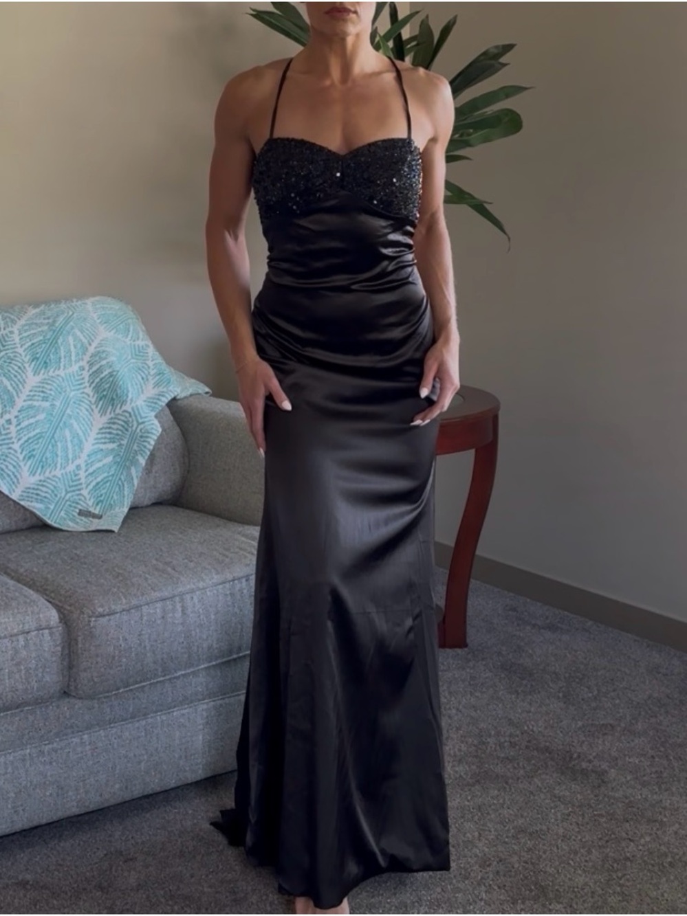 Elegant Black Beaded Satin Evening Dress